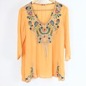 Sunshine Embroidered Floral Johnny Was Tunic Blous